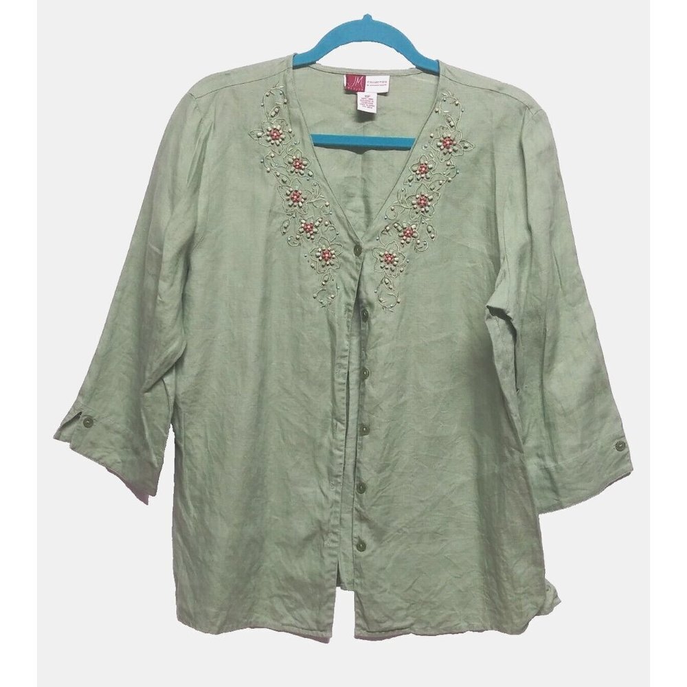 100% Linen womens top 16P JM Collection Petite sage Green button-up embellished